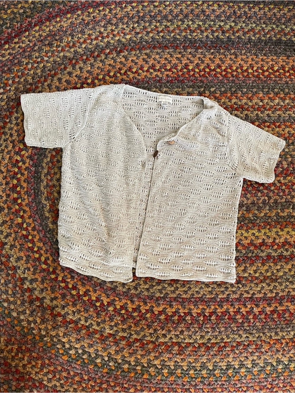 Linen vintage  crochet knit XL warm grey cardigan loose fit two wooden button